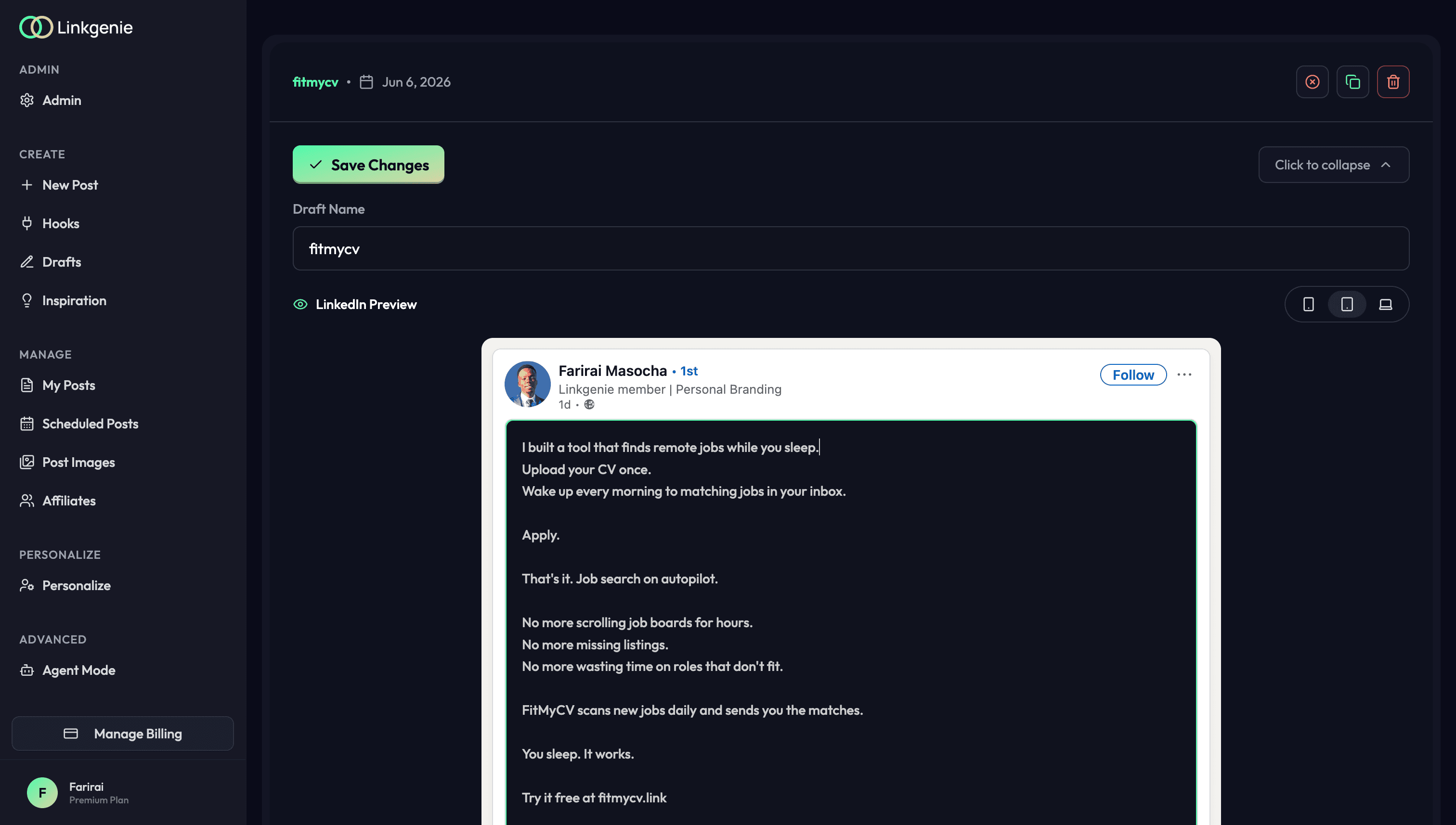 The LinkGenie post editor with live LinkedIn preview