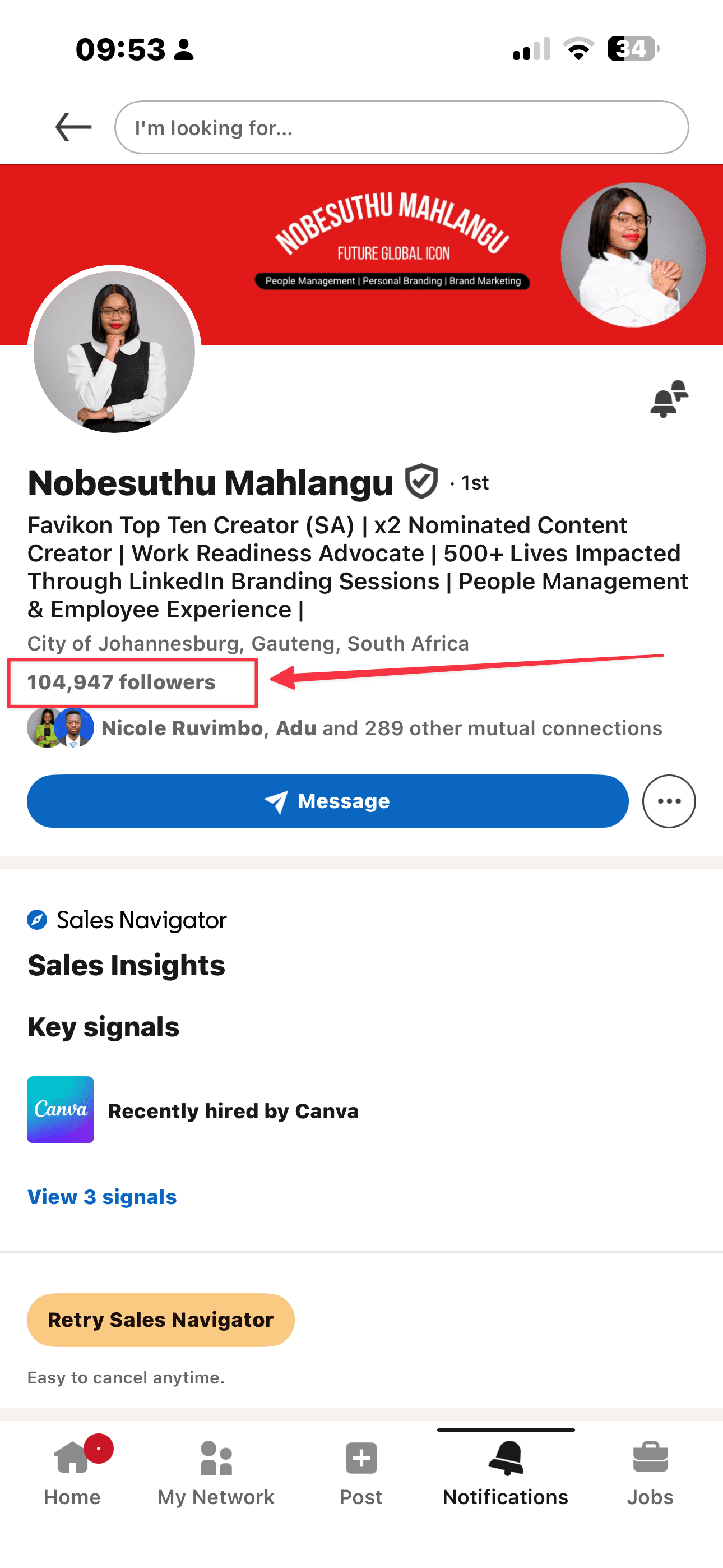 Nobesuthu's LinkedIn profile passing 104,000 followers